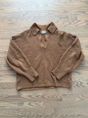 Pink Rose Brown V-Neck Collared Knit Sweater